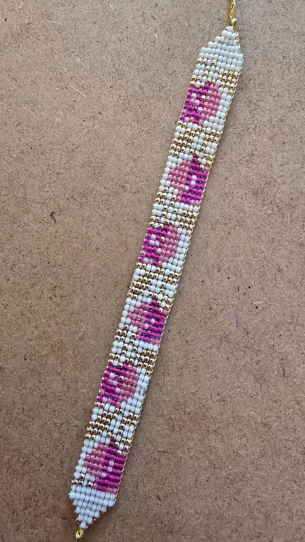Brățară handmade Flori Roz cu Frunze Aurii