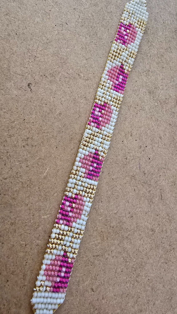 Brățară handmade Flori Roz cu Frunze Aurii
