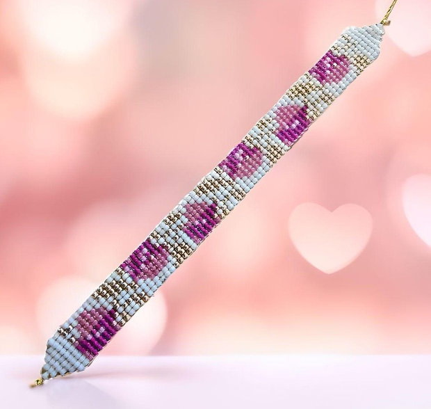 Brățară handmade Flori Roz cu Frunze Aurii