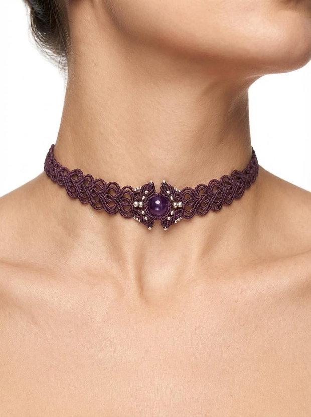 Choker frunze mov micromacrame cu ametist