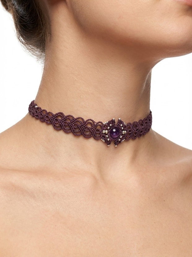 Choker frunze mov micromacrame cu ametist