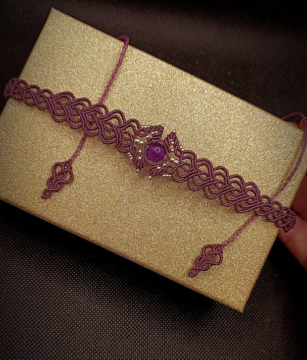 Choker frunze mov micromacrame cu ametist