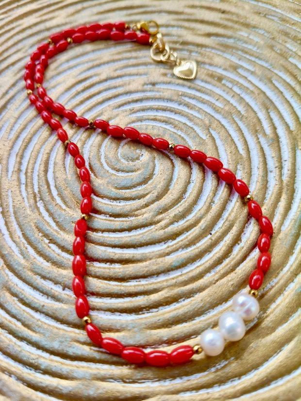 Colier MARTISOR Coral rosu & perle de cultura albe