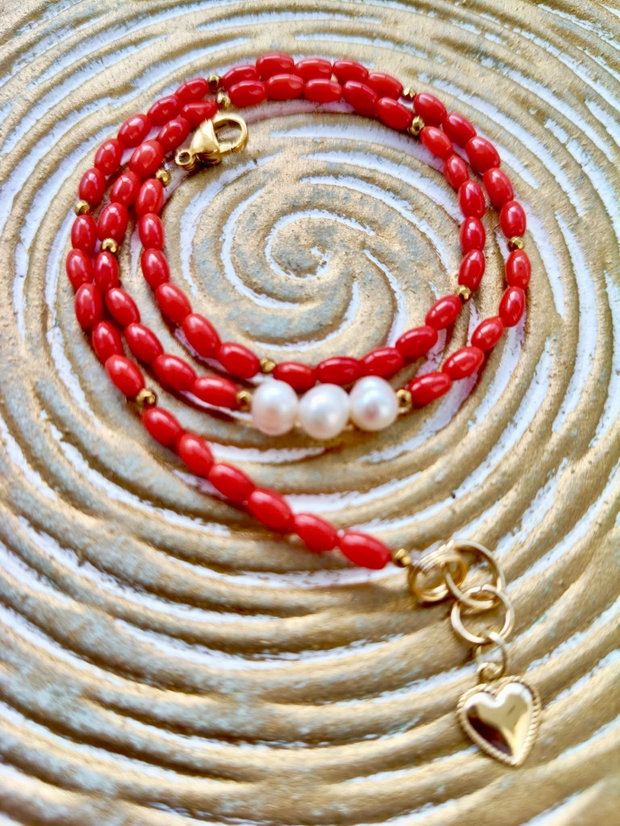 Colier MARTISOR Coral rosu & perle de cultura albe