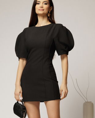Rochie scurta neagra cu croi cambrat si maneci scurte bufante