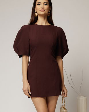 Rochie scurta bordo cu croi cambrat si maneci scurte bufante