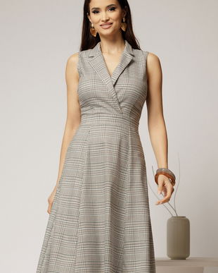 Sarafan DY Fashion din carou bej cu decolteu petrecut