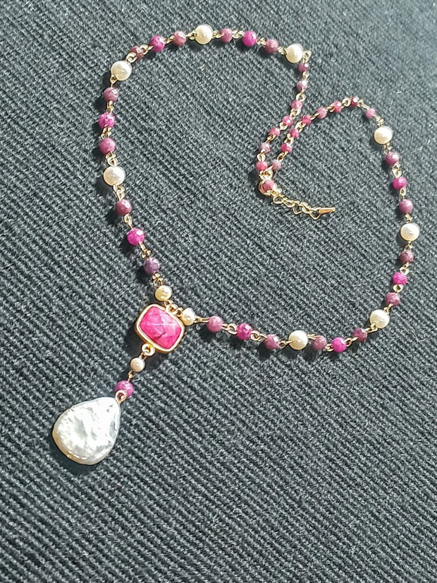 Colier vermeil perle naturale de cultura rubin conector sillimanit argint placat cu aur minimalist boho chic trendy