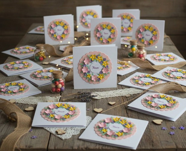 Invitație botez fetițe  model coroniță florală