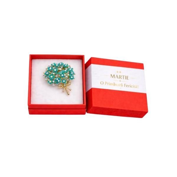 Mărțișor Broșă Buchet de Flori Turcoaz cu Perle