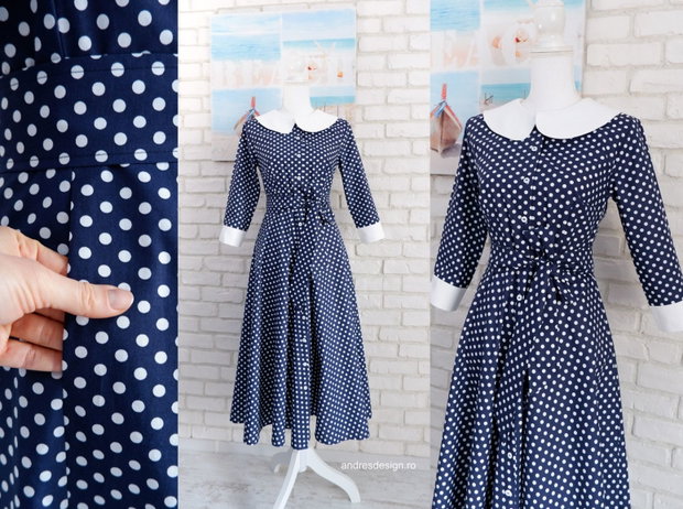 Rochie Camasa Bleumarin cu Buline si Guler Mare Rotund Alb