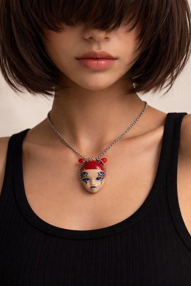 Broșă modelata și pictata manual din lut , colectia Mystery Faces Collection 01319