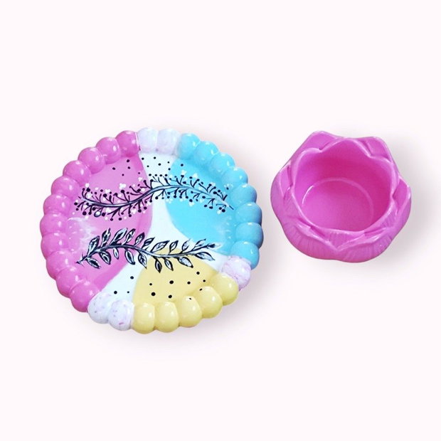 Set decorativ unicat bleu galben roz, tava rotunda si suport lotus 4615