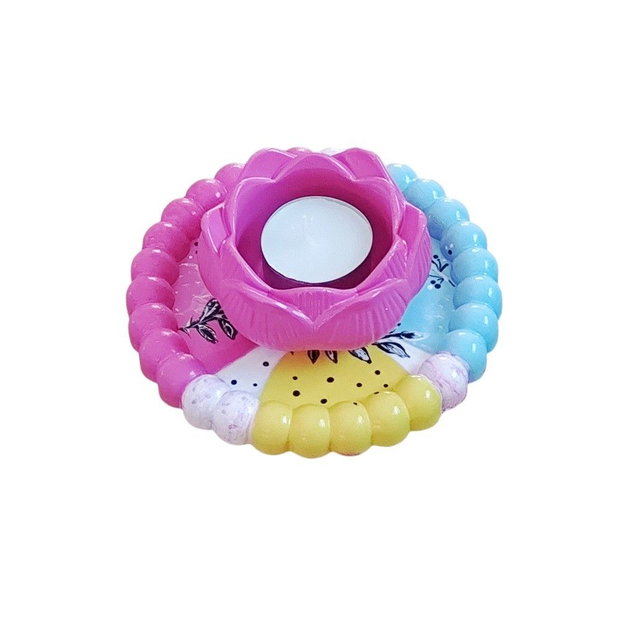 Set decorativ unicat bleu galben roz, tava rotunda si suport lotus 4615