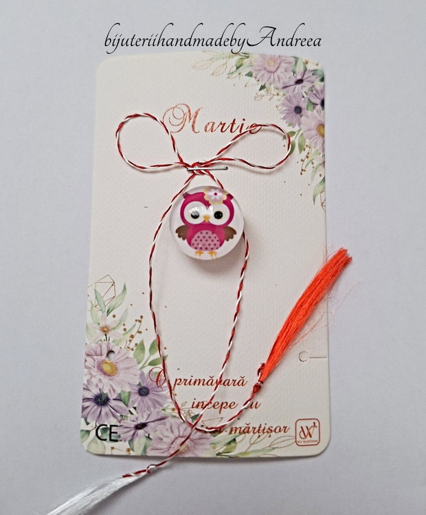 Brosa martisor cabochon sticla 16mm bufnita