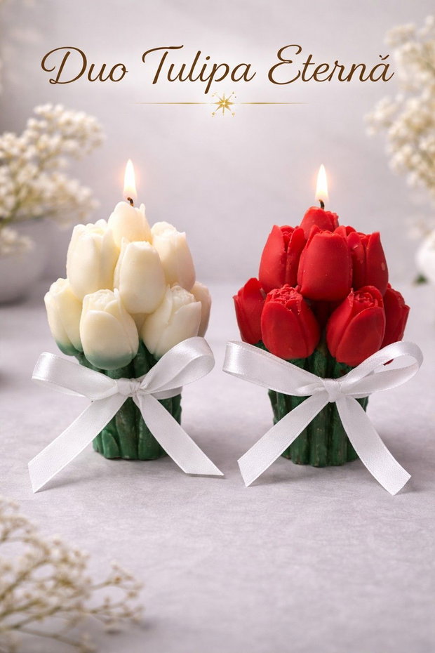 Duo Tulipa Eternă set lumânări buchet de lalele alb & roșu din ceară de soia