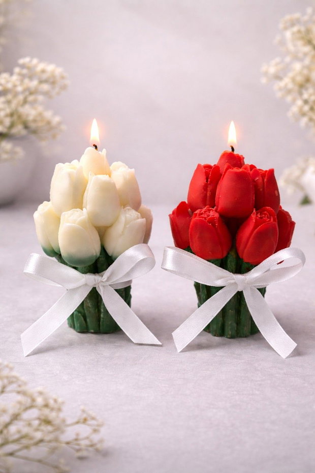 Duo Tulipa Eternă set lumânări buchet de lalele alb & roșu din ceară de soia