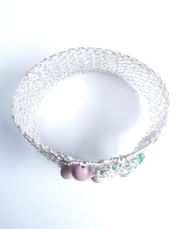 Bratara argintata cu sticla de mare-sea glass-si rodoncrosit