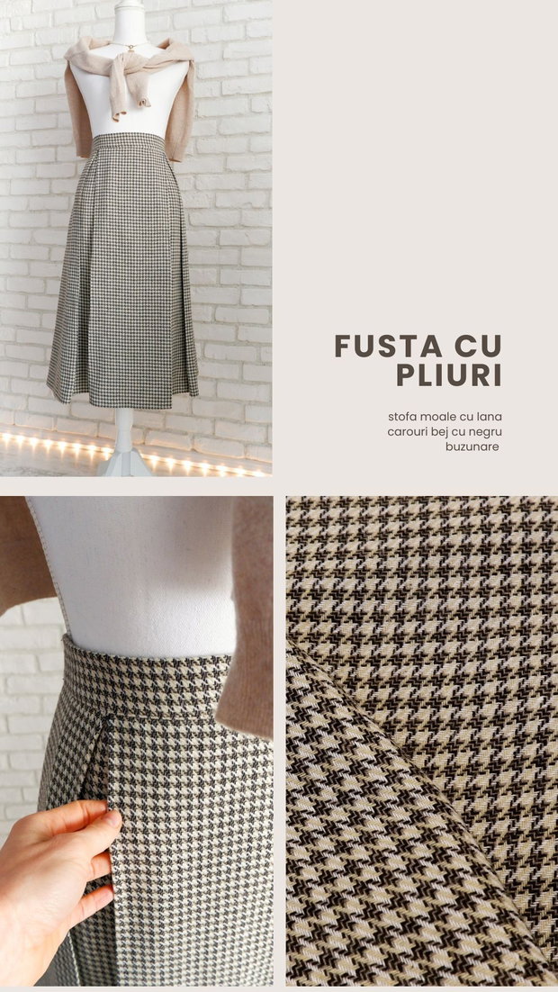 Fusta cu Pliuri Stofa Lana Carouri Bej Negru ULTIMA