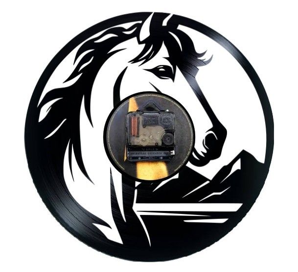 Ceas de perete decorativ - Wild Spirit Horse - Majestic Nature - realizat din disc de vinil (Vinyl Record), Negru, 30 cm