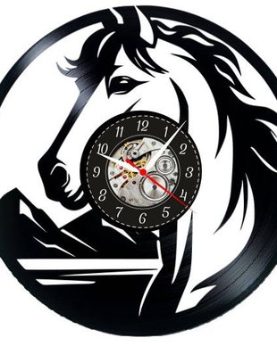 Ceas de perete decorativ - Wild Spirit Horse - Majestic Nature - realizat din disc de vinil (Vinyl Record), Negru, 30 cm