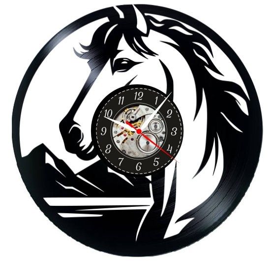 Ceas de perete decorativ - Wild Spirit Horse - Majestic Nature - realizat din disc de vinil (Vinyl Record), Negru, 30 cm
