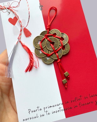 Martisor - breloc Feng Shui cu 9 monede chinezesti mici - Noroc