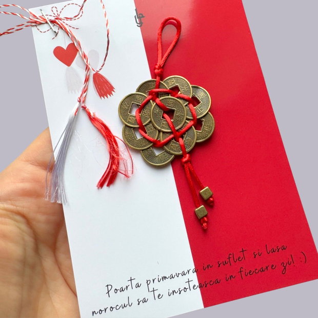 Martisor - breloc Feng Shui cu 9 monede chinezesti mici - Noroc