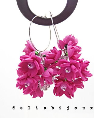 Cercei handmade, lungi cu flori ciclam (cod1393) - cadouri femei, cercei eleganti botez, bijuterii unicat flori