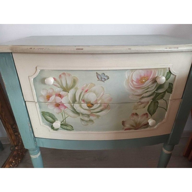 Comoda din lemn masiv bleu cu flori