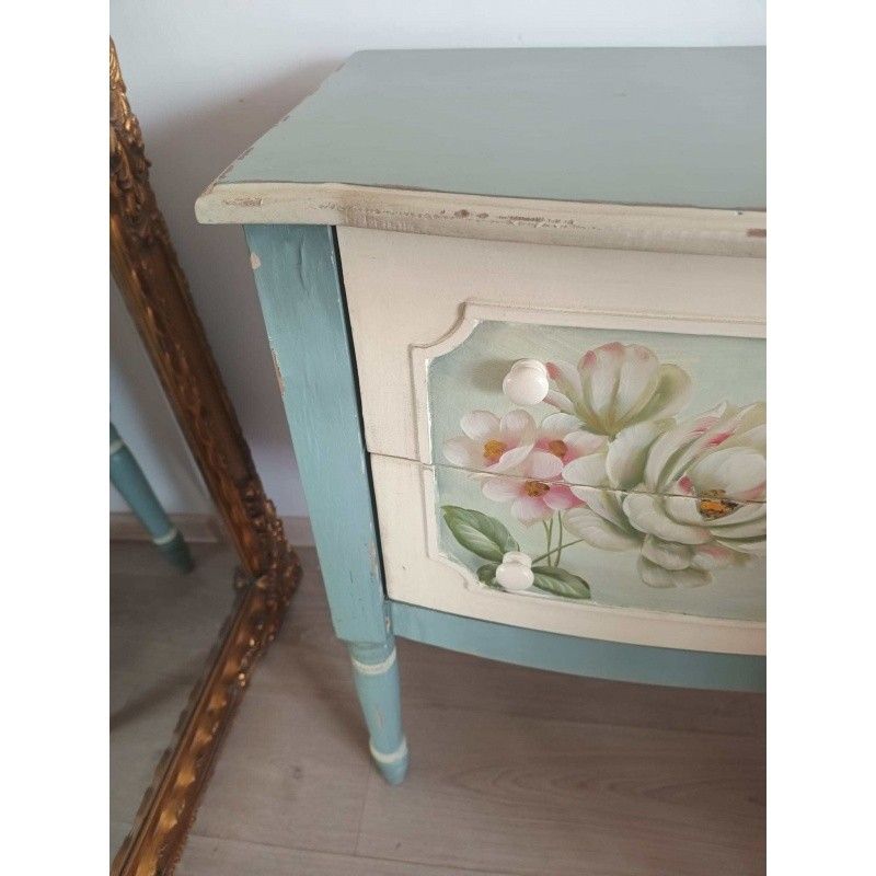 Comoda din lemn masiv bleu cu flori