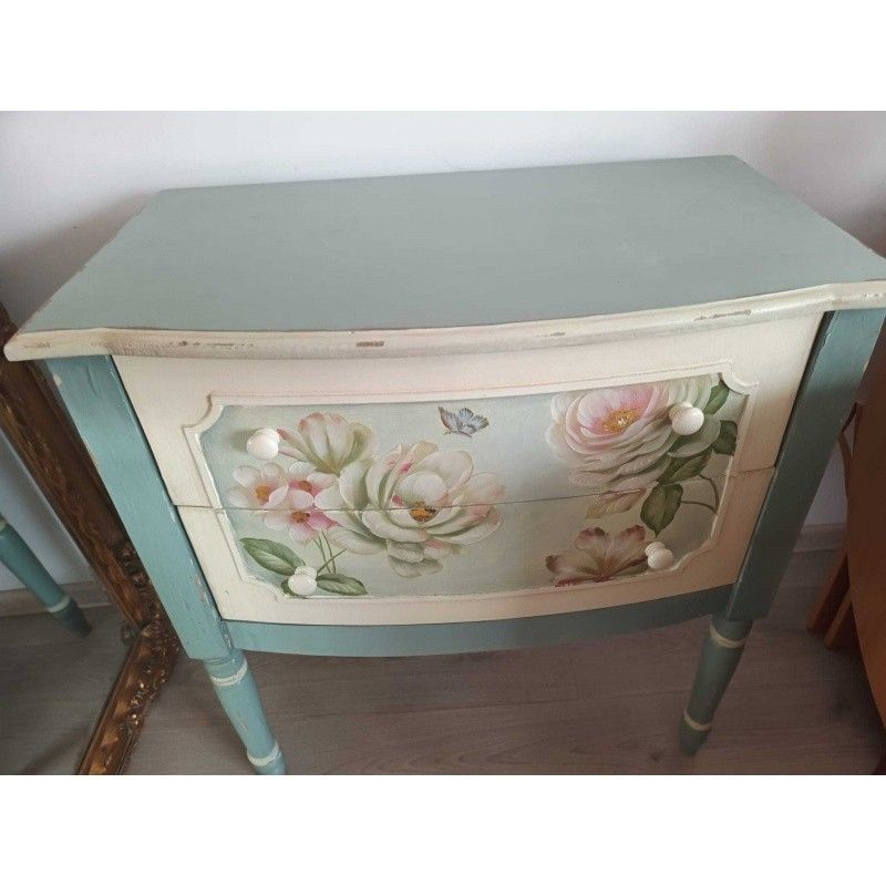 Comoda din lemn masiv bleu cu flori