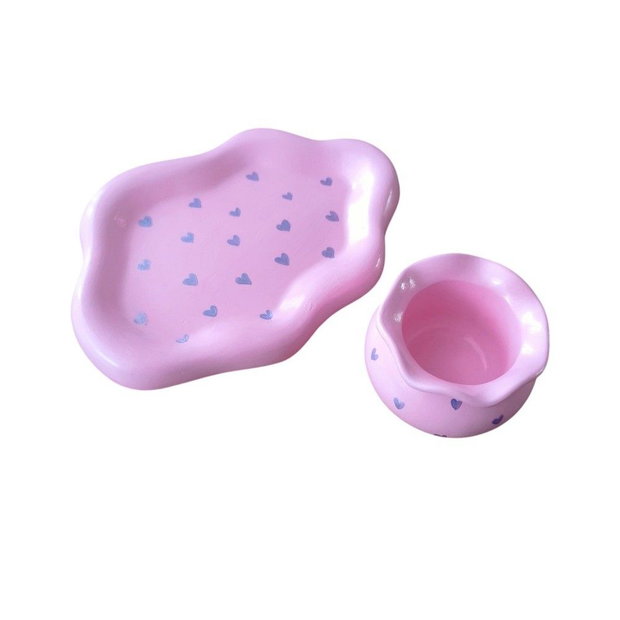 Set decorativ roz pastel cu inimioare mov, pictat manual 4620