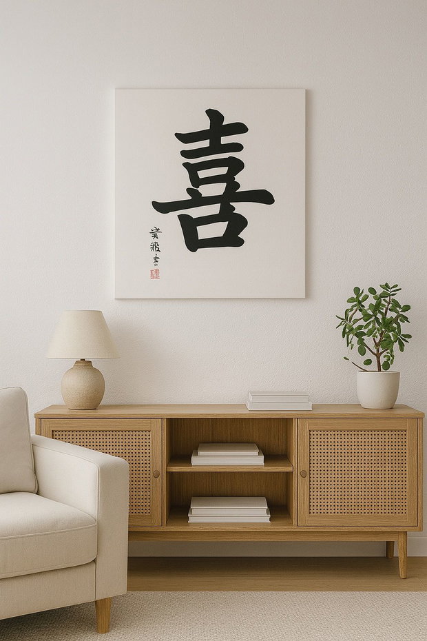 Tablou pictat manual caracter chinezesc 喜 (Xǐ) Bucurie | 50×50 cm | ChinArt