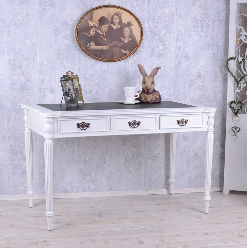 Birou din lemn masiv alb cu blat negru