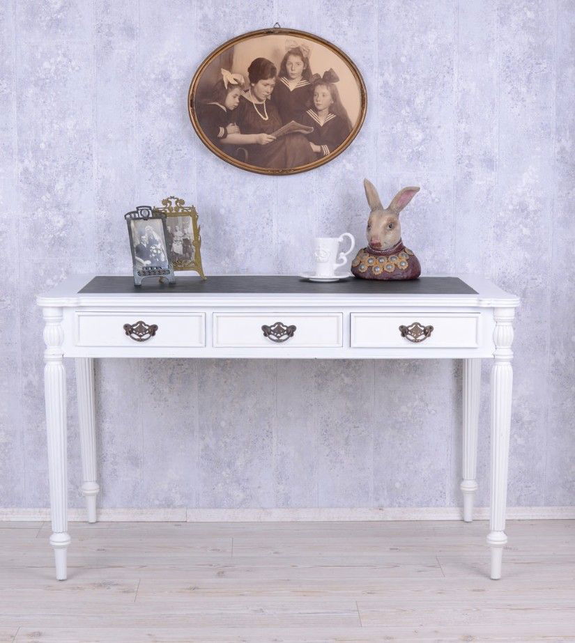 Birou din lemn masiv alb cu blat negru