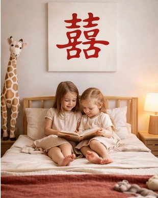 Tablou pictat manual  caracter chinezesc 喜 (Xǐ) Bucurie | 50×50 cm | ChinArt