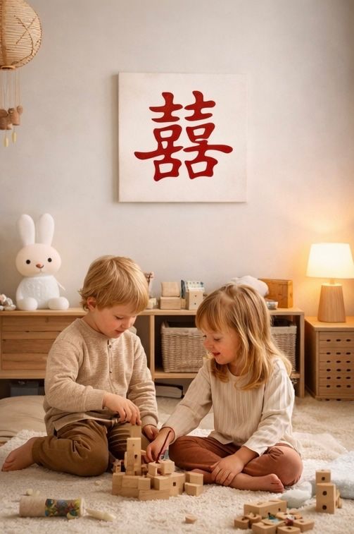 Tablou pictat manual caracter chinezesc 喜 (Xǐ) Bucurie | 50×50 cm | ChinArt