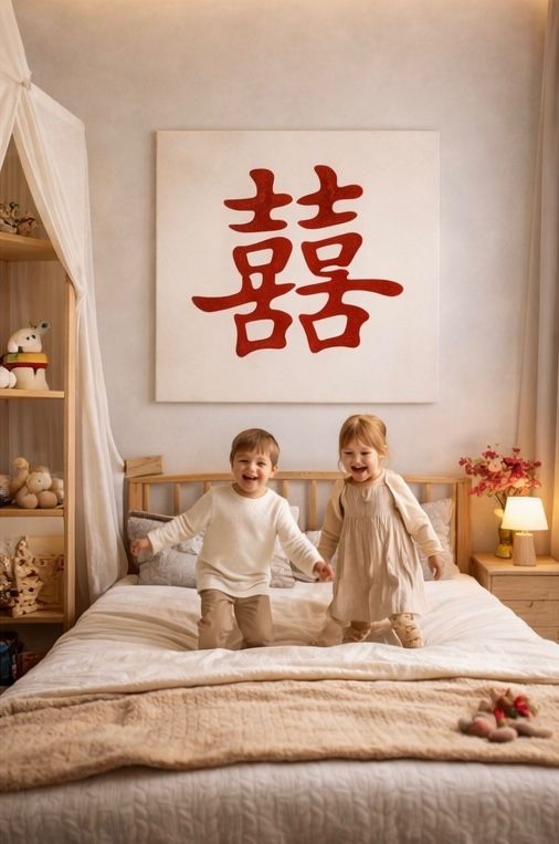 Tablou pictat manual caracter chinezesc 喜 (Xǐ) Bucurie | 50×50 cm | ChinArt