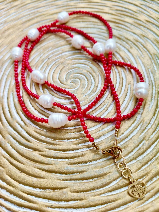 Colier lung / dublu coral rosu & perle albe baroc