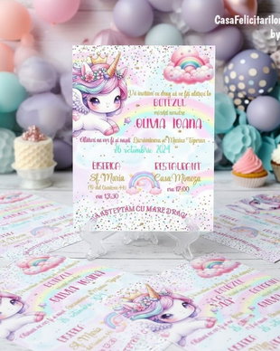 Invitații botez fetițe Unicorn