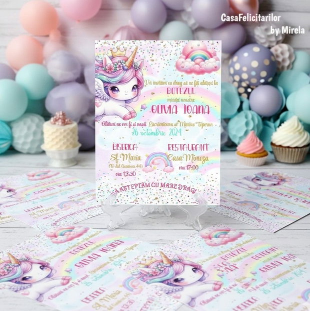 Invitații botez fetițe Unicorn