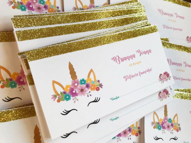 Plicuri bani botez Unicorn- cu bordură glitter