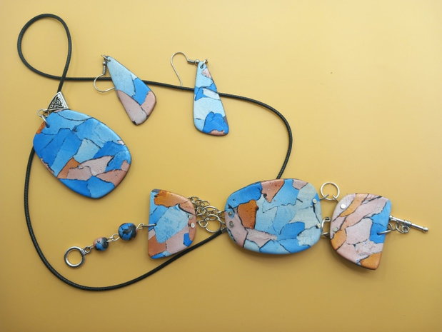 Blue mozaic, set bijuterii din lut polimeric