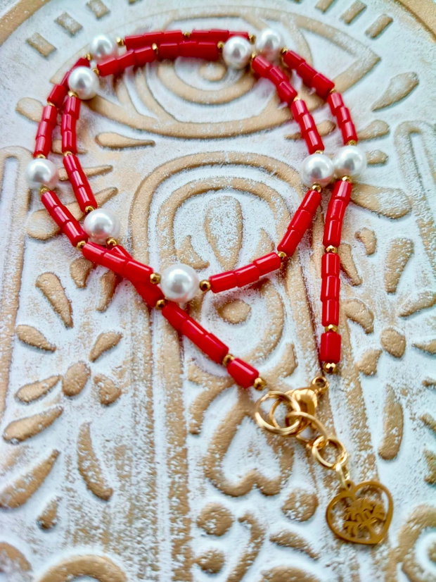 Colier MARTISOR Coral rosu & perle albe de Mallorca
