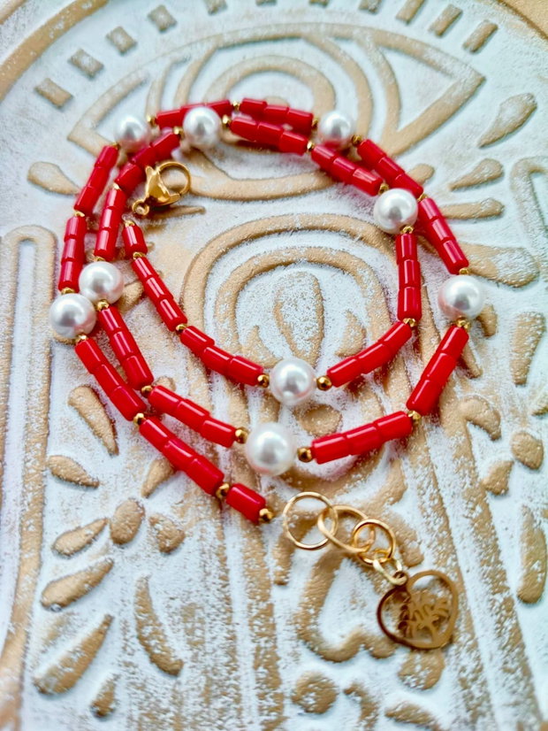 Colier MARTISOR Coral rosu & perle albe de Mallorca