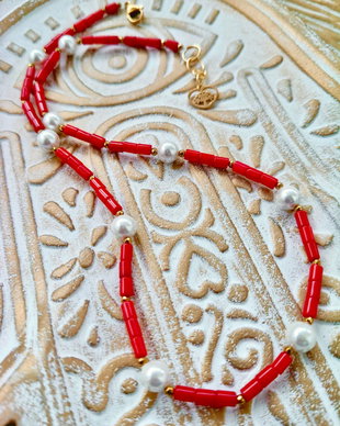 Colier MARTISOR Coral rosu & perle albe de Mallorca