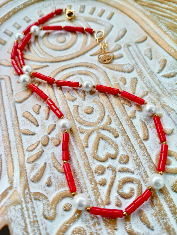 Colier MARTISOR Coral rosu & perle albe de Mallorca
