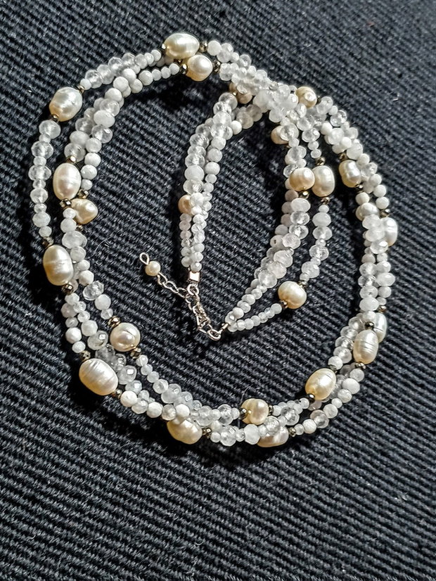 Colier argint X3 perle naturale de cultura baroc piatra lunii pirita boho chic trendy cadou - Transport gratuit