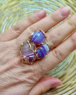Inel zamac aurit & agate dantela mov